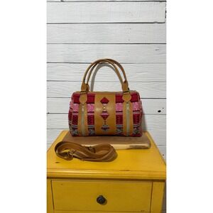 NWOT Boho Woven Textile Leather Satchel Crossbody Bag Red Pink Geometric Artisan